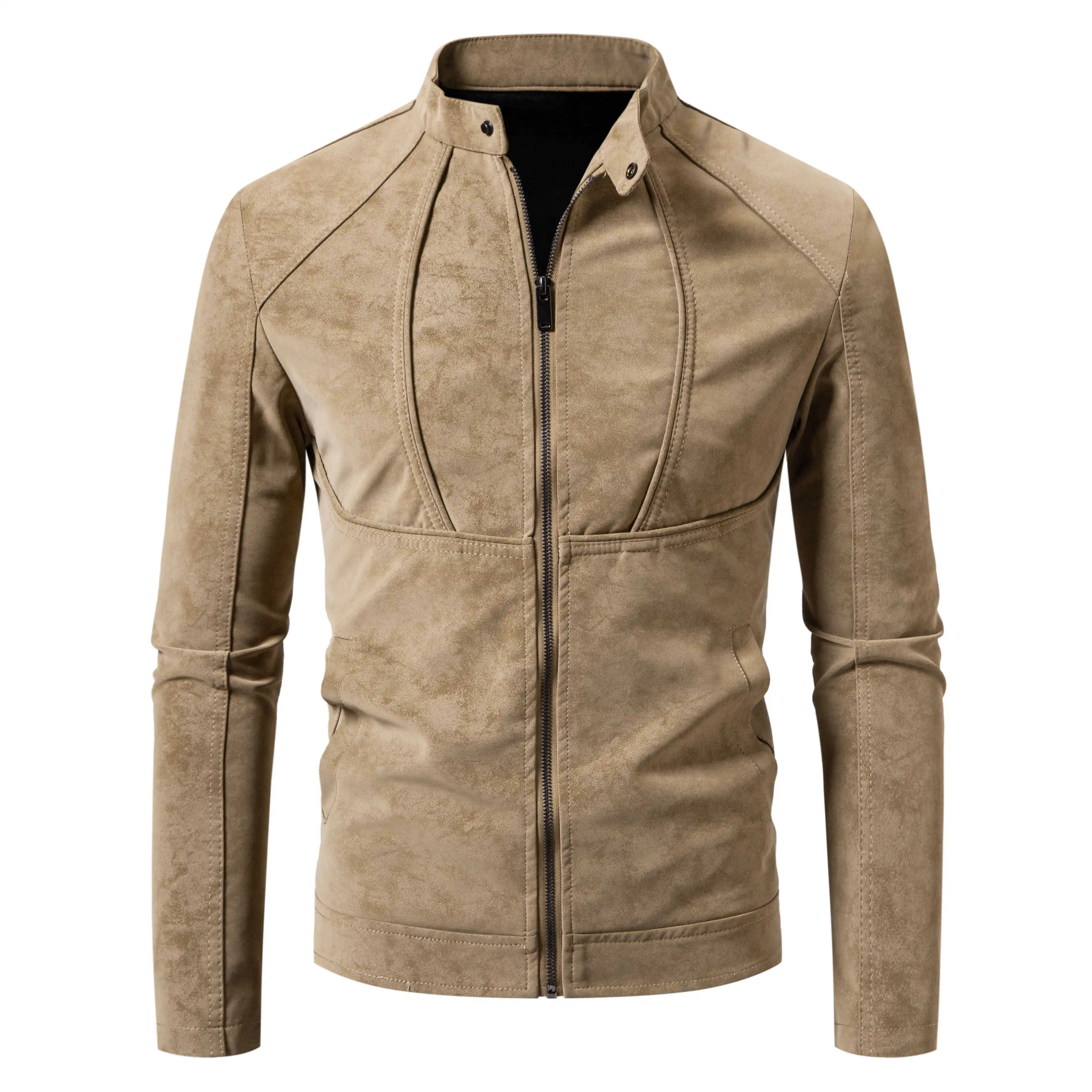 Herren Slim Fit Vintage Motorradjacke Lässiger Langarm-Biker-Mantel Figurbetontes Design für Herbst Winter Einfarbiges Muster – Detail 3