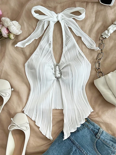 Haut court Sexy à col en v pour femmes, col licou, sans manches, couleur unie, dos nu, vêtements Y2K, été 1