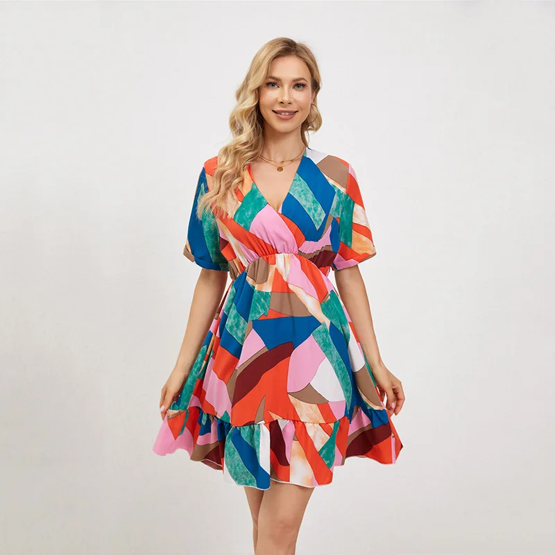 

2023 Fashion Casual Women Summer Dress Mid Chiffon Dresses Striped Sexy Bodycon Short Sleeve A Line Beach Dress Party Vestidos