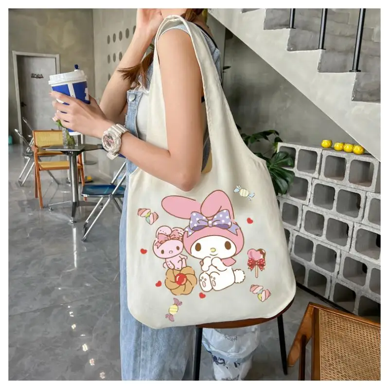 

Kawaii Sanrios My Melody Kuromi Canvas Bag Large Capacity Canvas Tote Bag Commuting Carrying Bag College Style Student Outfit