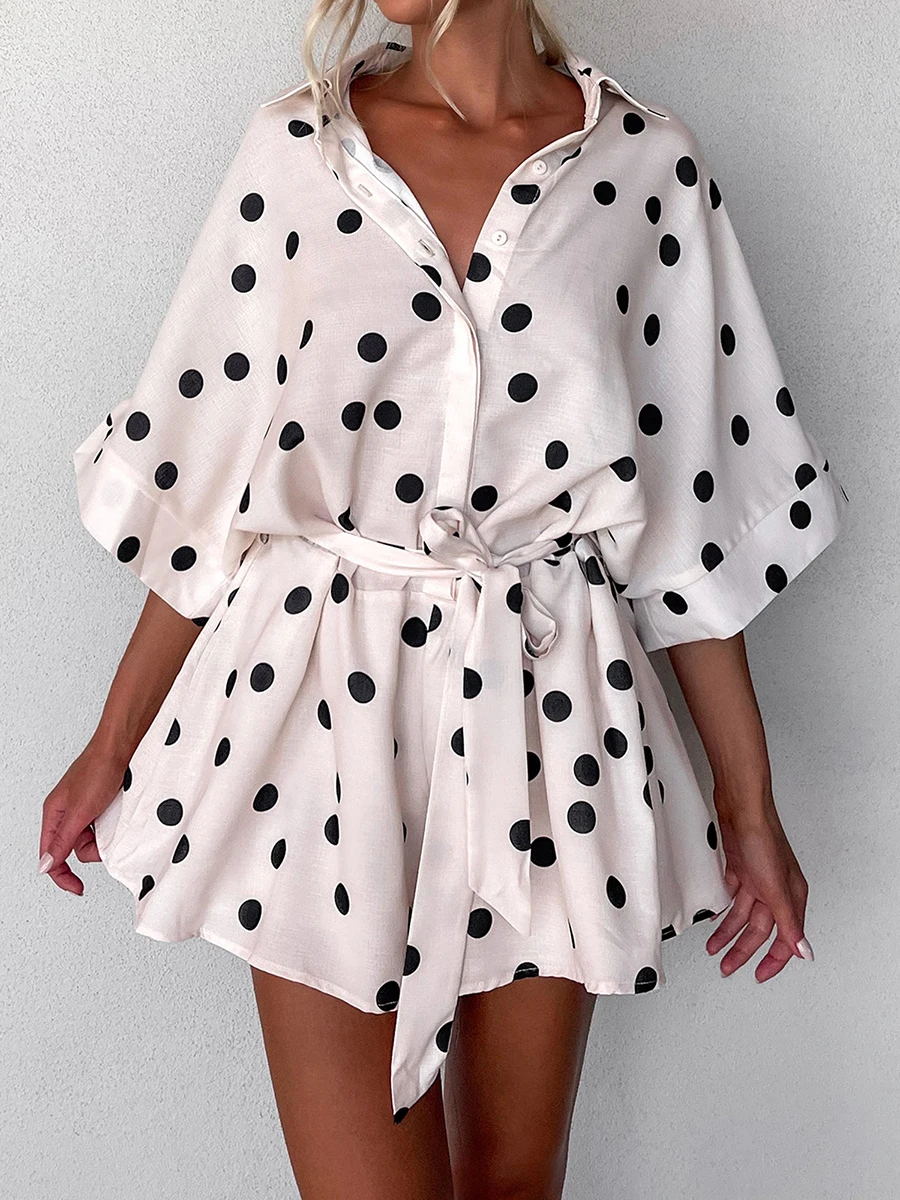 

Women's Summer Shorts Jumpsuits Heart/Tree/Dot Print Short Sleeve Lapel Button Dwon Loose Rompers Casual Playsuits Beach Street