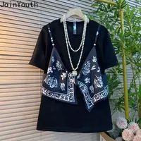T-shirts pour femmes à effet double, patchwork, mode décontractée, style coréen, camisetas, tops courts oversize, tuniques, t-shirts d'été, vêtements pour femmes 3