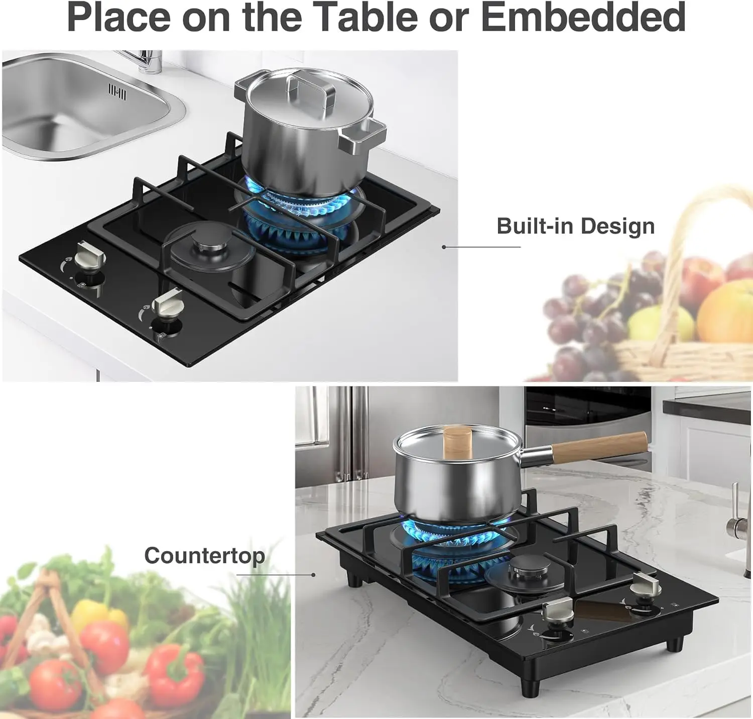 Cooktop 2 Burner, NG/LPG Dual Fuel Gas Stove Top, Built-in Gas Cooker with Thermocouple Protection,Tempered Glass Propane Co