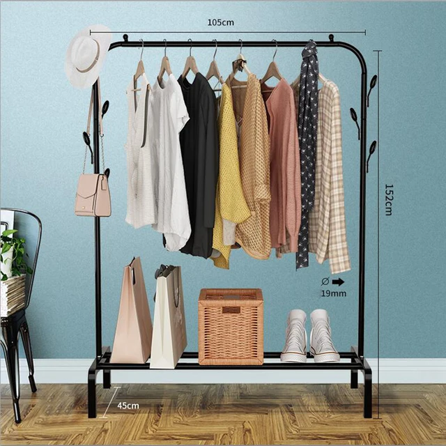 Garment Rack Floor Standing Clothes Hanger Double Pole Coat Rack Wardrobe Clothing Drying Rack Mobile Cloth Rail Home Furniture B Double hook 105cm