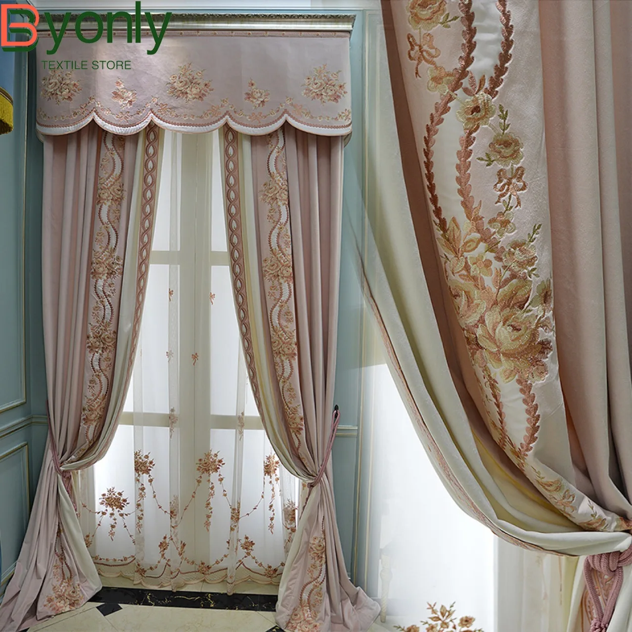 

Customized Pink Embroidery Window Screen Velvet Splicing Thickened Curtains for Living Room Bedroom French Window Balcony Villa