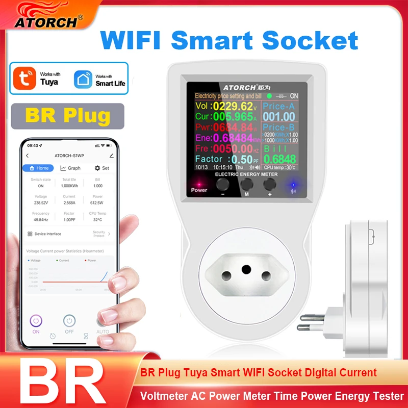 BR Plug Tuya Smart WiFi Socket Digital Current Voltmeter AC Power Meter Time Power Energy Tester Wattmeter US UK AU FR EU Plug