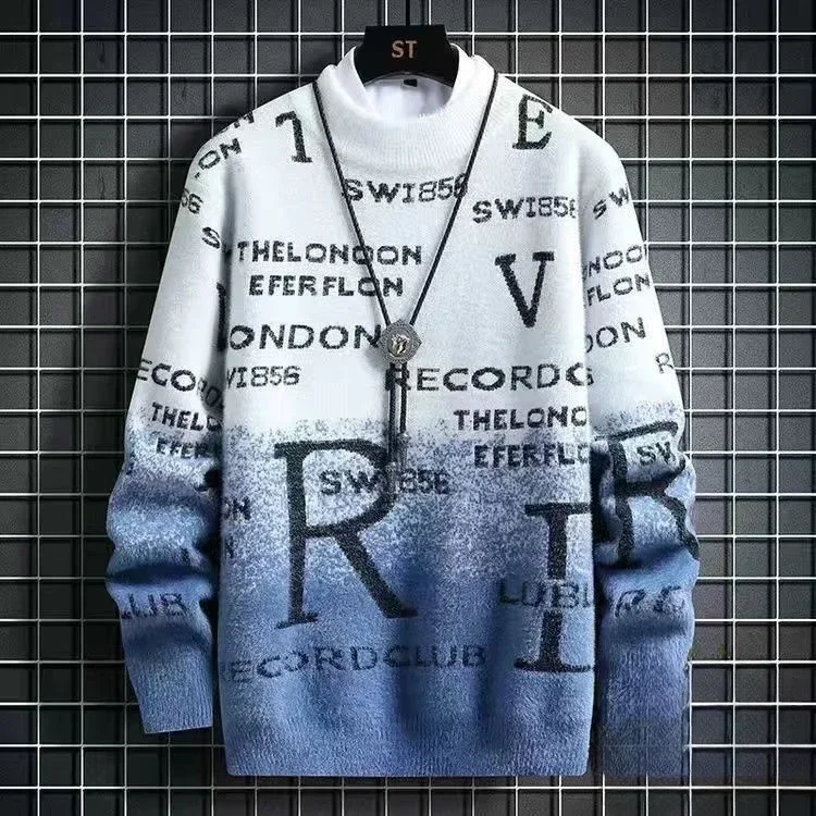 thumbnail image 1 of Suéteres de punto para hombre, jersey de manga larga con colores contrastantes, jerséis gruesos de estilo coreano para hombre, prendas de punto para otoño e invierno, 1 of 5