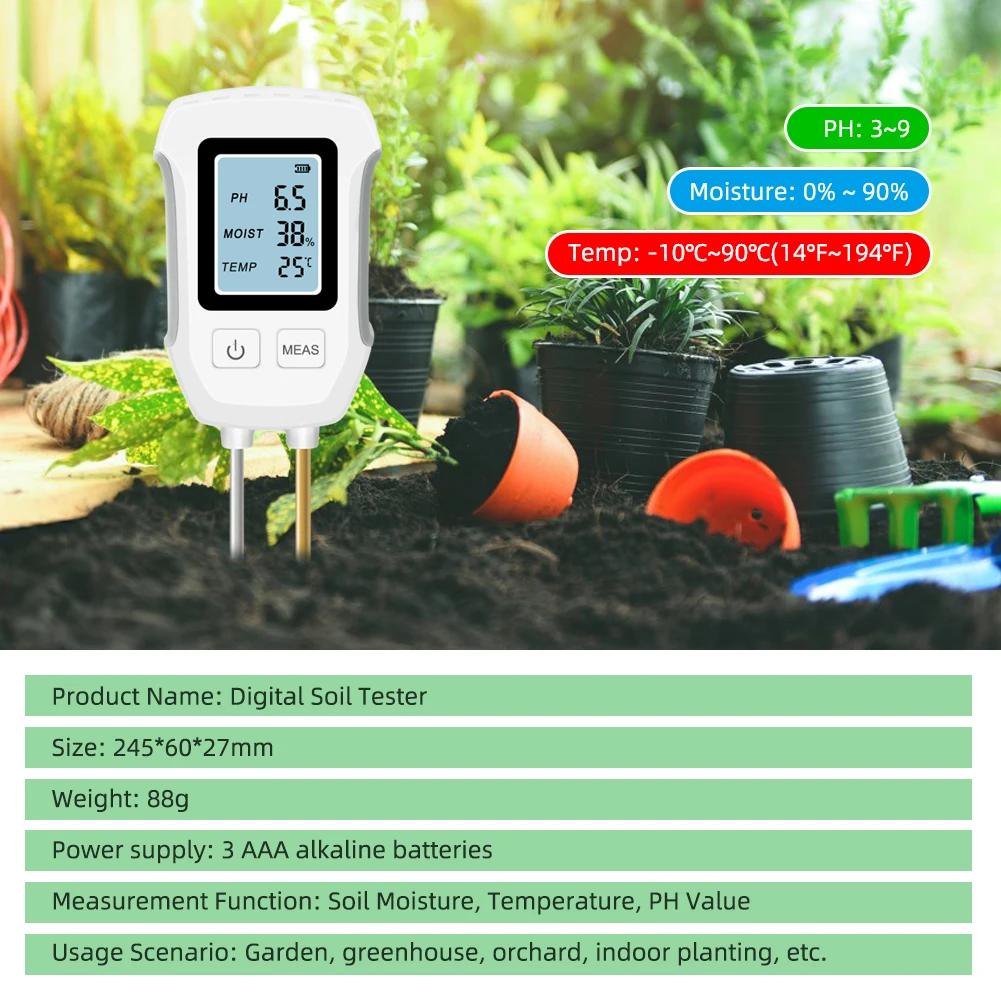 Soil Meter Digital pH Moisture Fertility Light Temp Humidity Analyzer for Garden