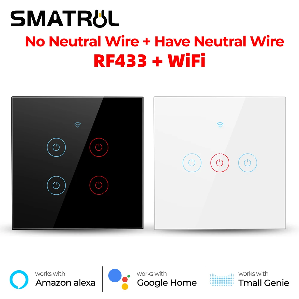 

SMATRUL Tuya Smart Wifi Touch Wall Wireless Switch No Neutral Wire Required 1/2/3/4Gang Light 220V RF 433 For Google Home Alexa