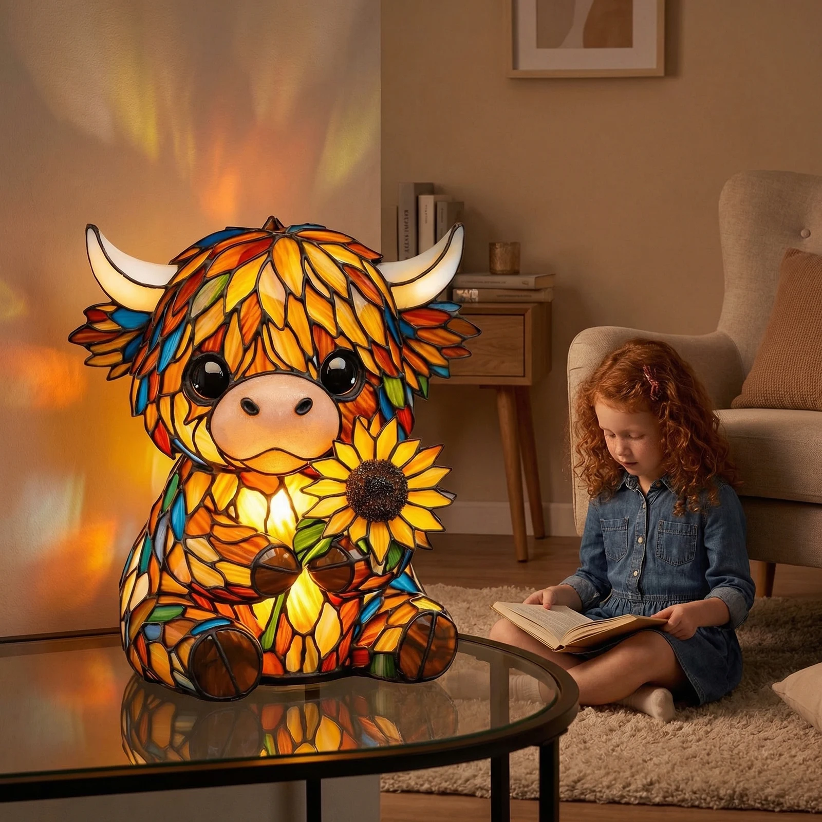 LED 3D 동물 무드등 해바라기 하이랜드 소 테이블 램프 수공예 스테인드글라스 무드등 거실 책상 장