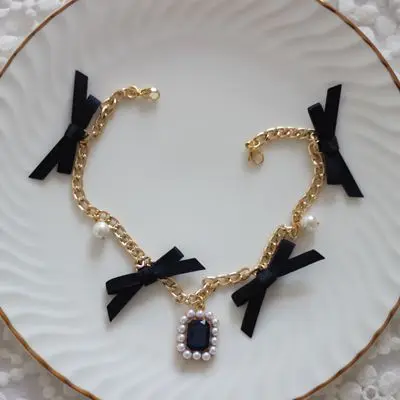 Japanese Sweet Lolita Pearl Rhinestone Bow Bag Pendant Handmade Dream Bag Hanging Chain Pendant Pink Bow Charms for Handbag