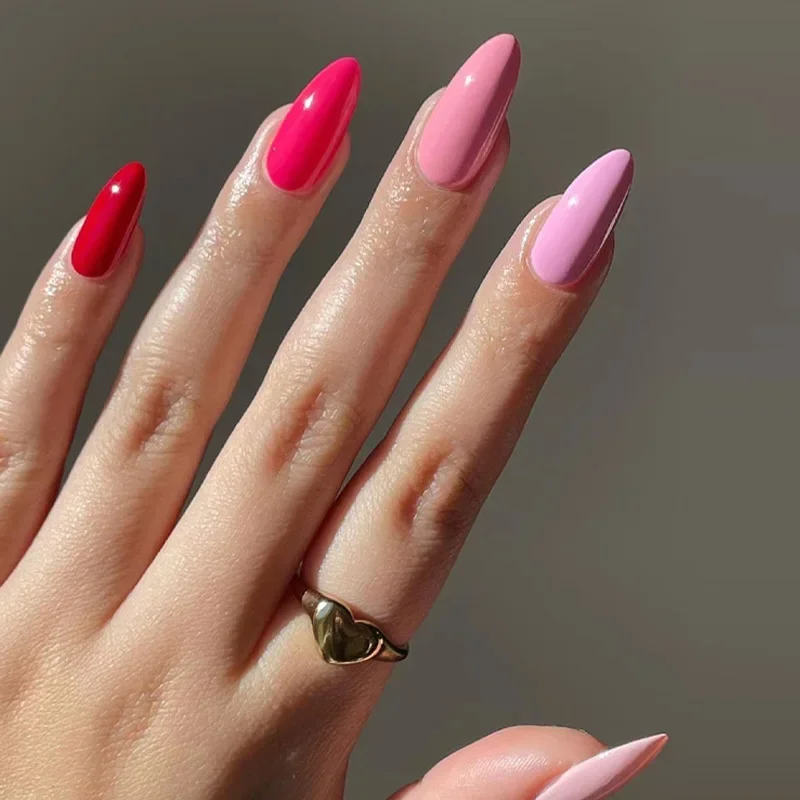 Fake Nails French Nails False Nails French Rainbow Fake Nails Simple Almond False Nails Art Waterproof Removable Artificial Press on Nail with Accessories 24pcs