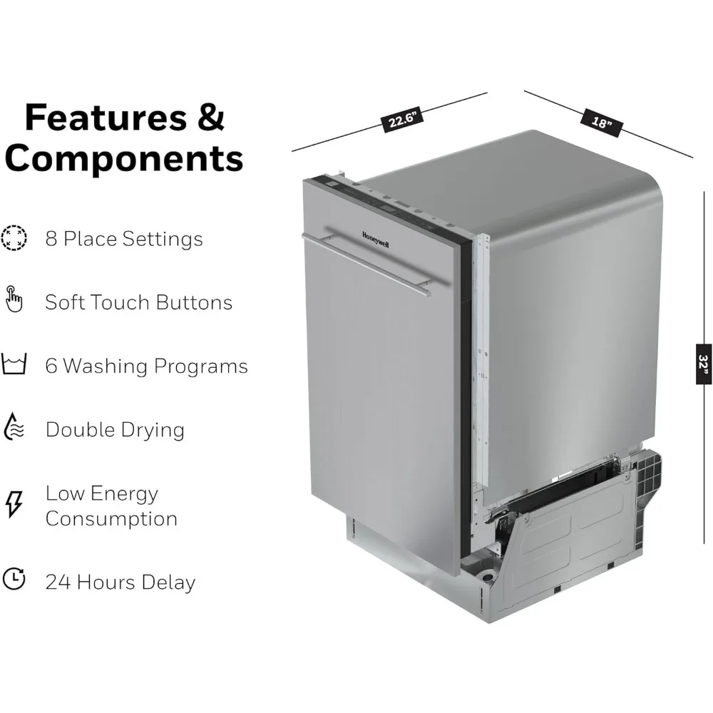 Dishwasher with 8 Place settings, 6 Washing Programs, Stainless Steel Tub, UL/Energy Star- Stainless Steel 5