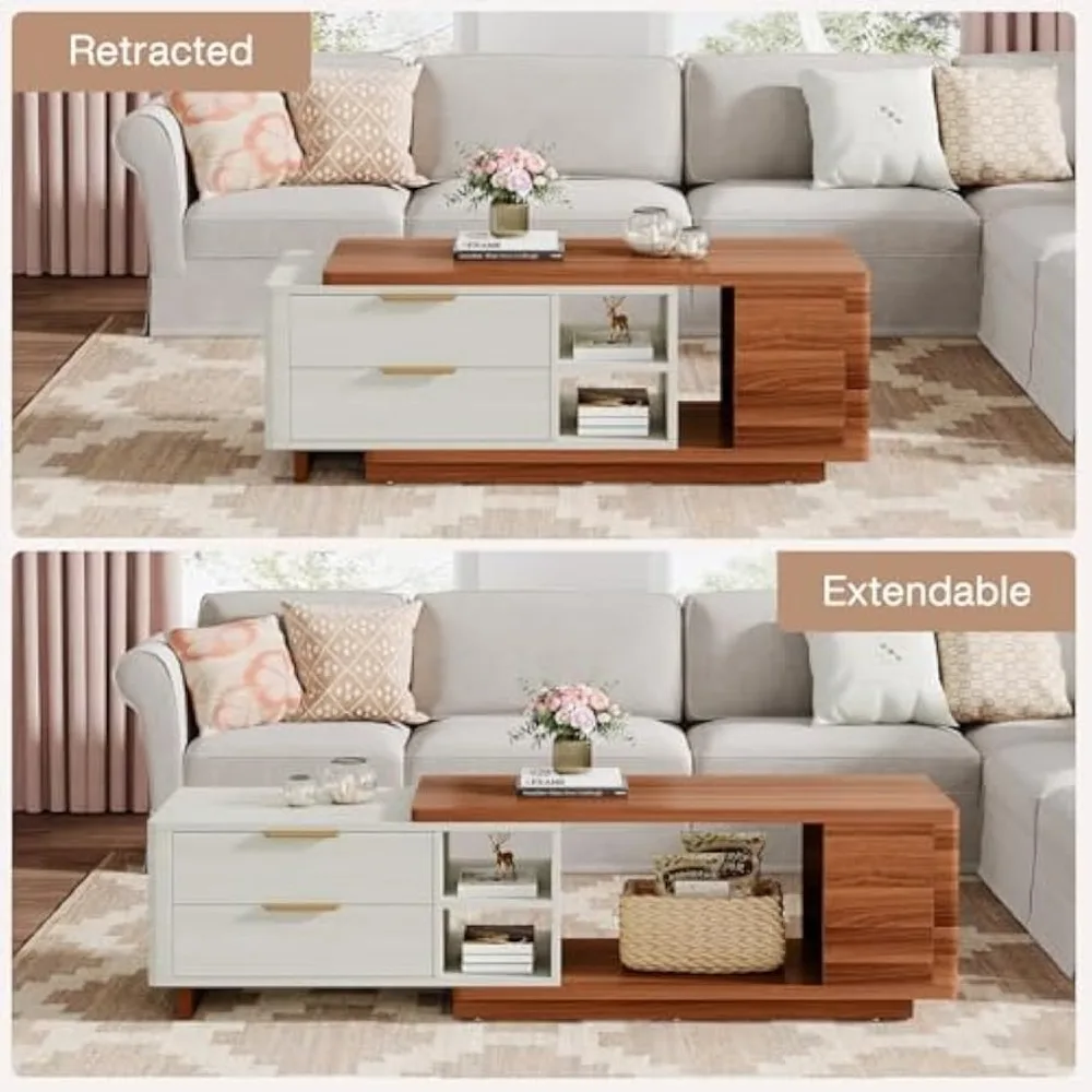 Extendable Wood Coffee Table with 2 Drawers, 43"-65" Length Adjustable Rectangular Dual-Tone Center Table with Storag 4