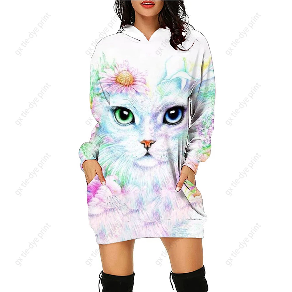 

Cat Painting Print Womens Oversized Hoodies Cartoon Sweatshirts Dress Long Sleeve Sweaters Pullover Fall Clothes with Pocket