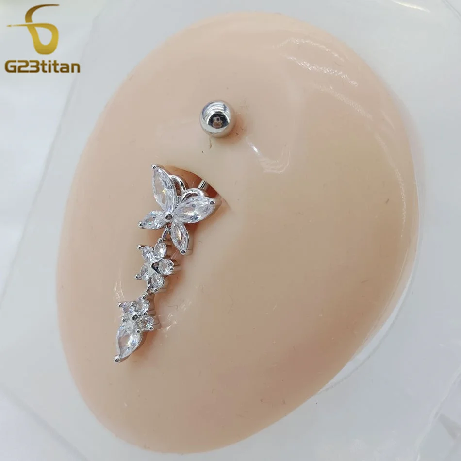 Belly Button Ring Jewelry G23titan CZ Zircon Butterfly Dangle Belly Button Ring 14G Titanium Barbell Navel Bar Body Piercing Jewelry Women Sex Accessories