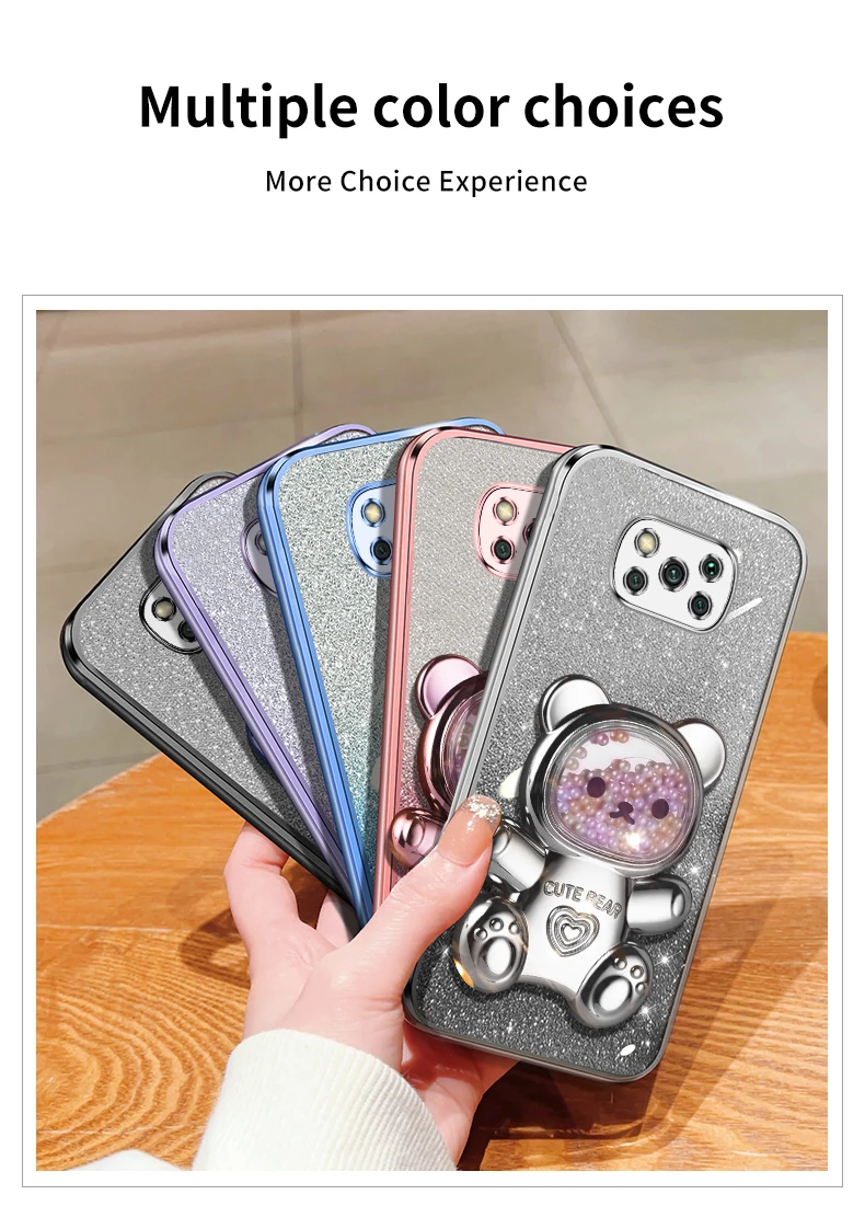 pokox3 x5 Quicksand Bear Glitter Holder Phone Case On For Xiaomi Mi Poco X5 GT NFC X3 M4 M3 M2 Pro Stand Cover F4 F5 F2_voghion.com