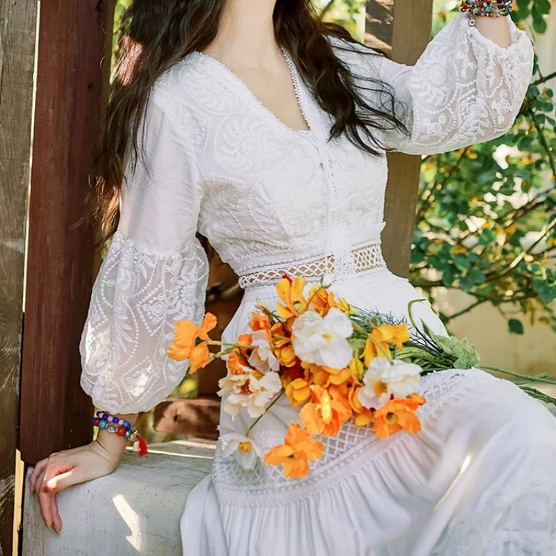 Bohemian White Beach Dress Women Elegant Party Dresses Spring Auutm V-neck Sexy Hollow Out High Waist Long Robe Vestidos