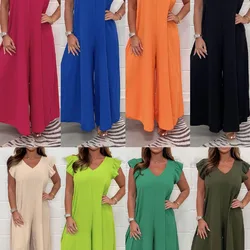2023 Summer New Elegant Versatile Women's 3/4 Sleeve V-Neck Loose Waist Wide Leg Casual Simplicity Commuter Fashion Jumpsuits