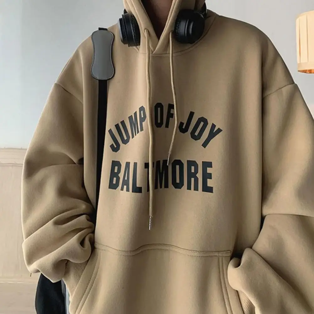 

Versatile Men Spring Autumn Hoodie Men's Retro Letter Print Hoodie with Big Patch Pocket Elastic Cuff Drawstring Thick for Fall