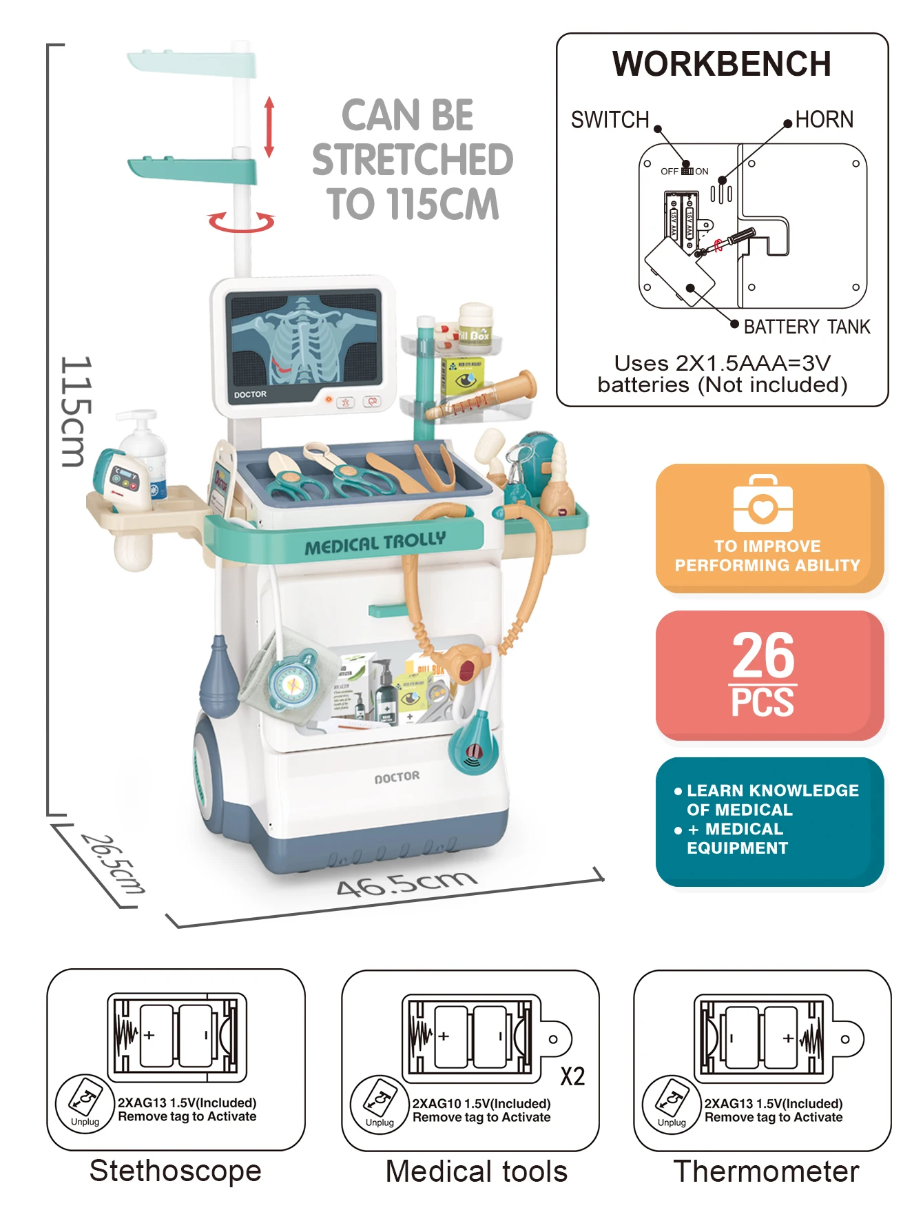 Deluxe Children's Doctor Set -26 piece hypothetical medical station toy set ，gift for toddlers 6
