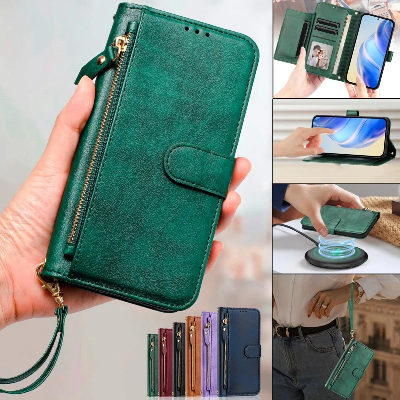 Zipper Wrist Strap Leather Wallet Phone Case with Card Holder and Stylish Back Cover
