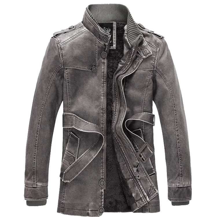 Men's Fashion Leather Long Jacket Men New Casual Vintage Blazer Winter Thick Motorcycle Biker Coat Men's Brand Design PU Jacket - 4