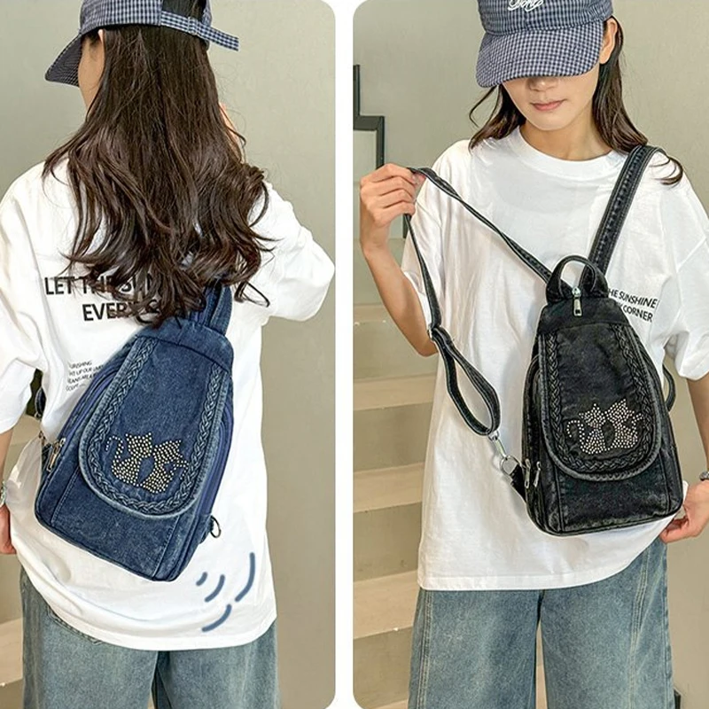 Zaini in Denim alla Moda per Donne, Piccola Borsa da Viaggio, Zainetto Femminile in Denim, Borse a Tracolla per Signore - immagine 3