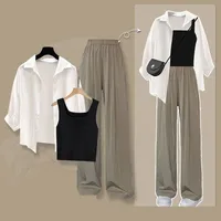 2026 Summer New Fashion Tracksuit Matching Set Women's Elegant White Sunscreen Shirt+Vest+Casual Wide Leg Pants 3-Piece Suit - Image 2