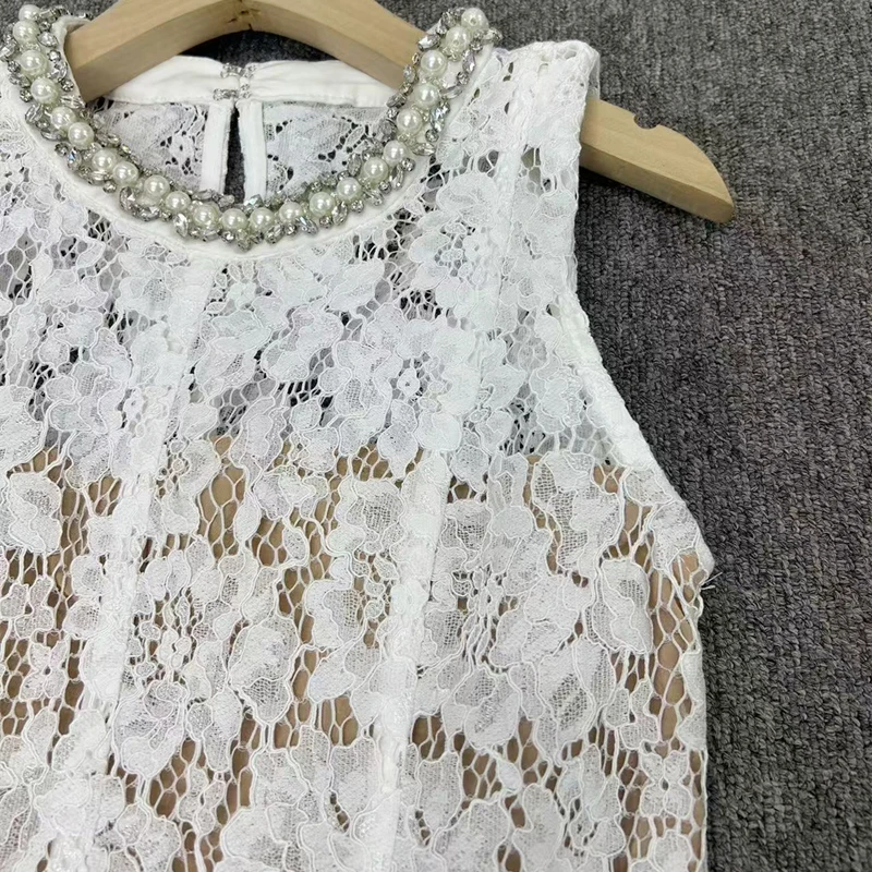 2025 summer new arrive diamonds trimmed eyelash lace round neck sleeveless  women midi dress - AliExpress