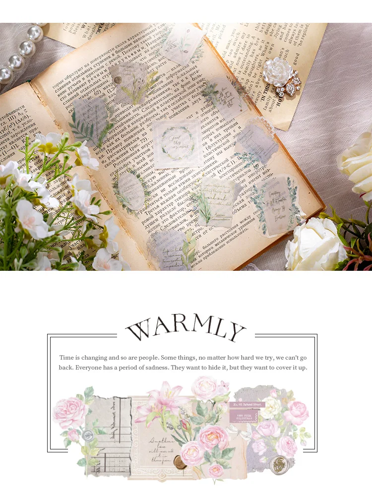 30Pcs Vintage Plant Rose Letter Collage PET Sticker Package DIY Diary Junk Journal Decoration Label Stickers Album Scrapbooking