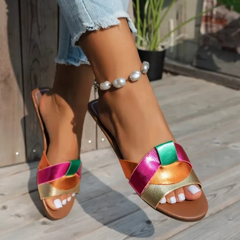 Fashionable Color Design Flat Bottom Women's Slippers 2025 Summer New Style Braided Comfortable Casual Slippers for Women 5