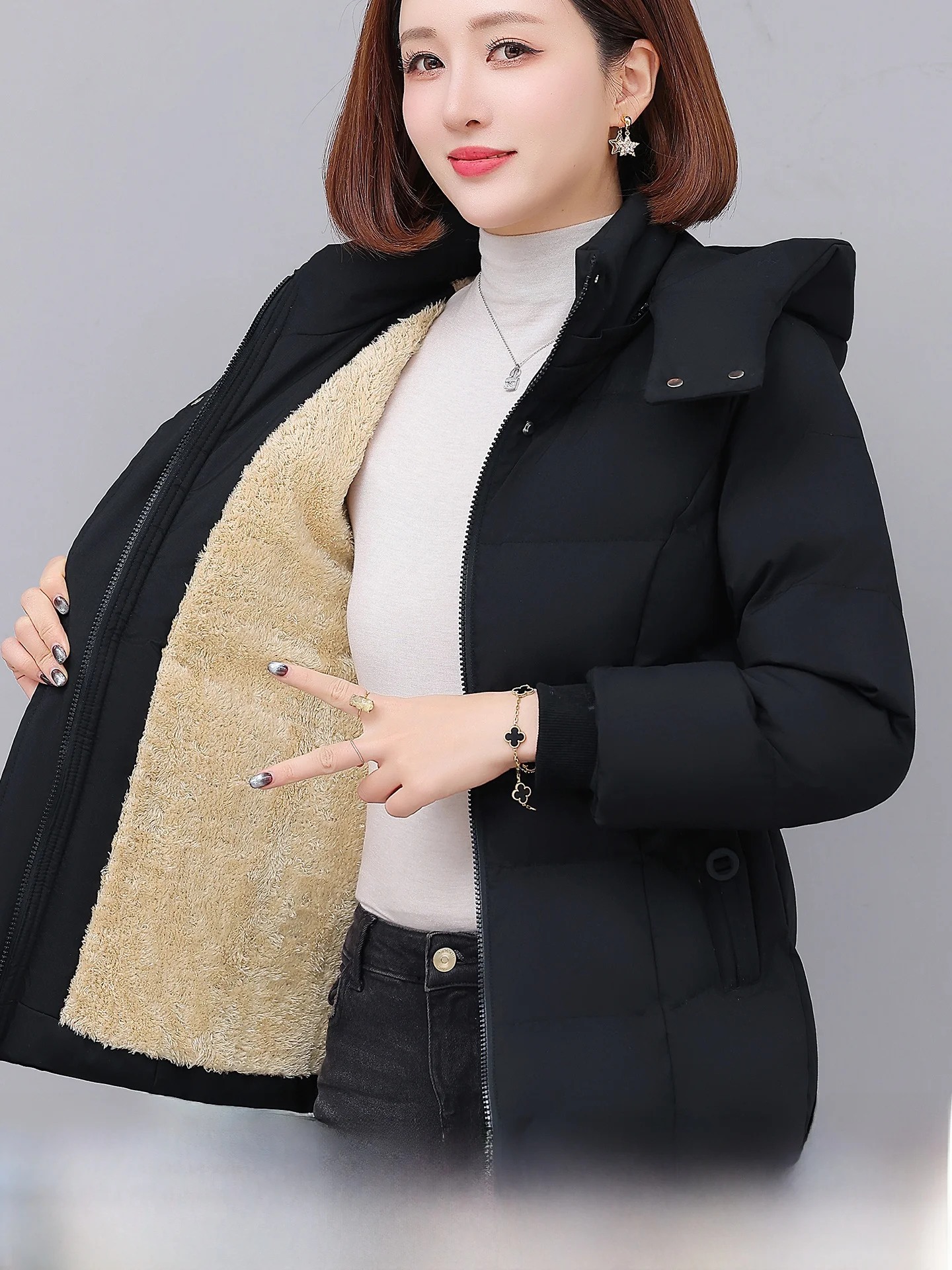 ENYW Women's Thickened Fleece Lined down Cotton Jacket Loose Casual Winter Coat Warm Mom Clothes Long Sleeve Zipper Closure