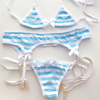 2025 Striped Halter Micro Bikini Set Lolita Kawaii Swimsuit Backless String Tied Bathing Suit 1
