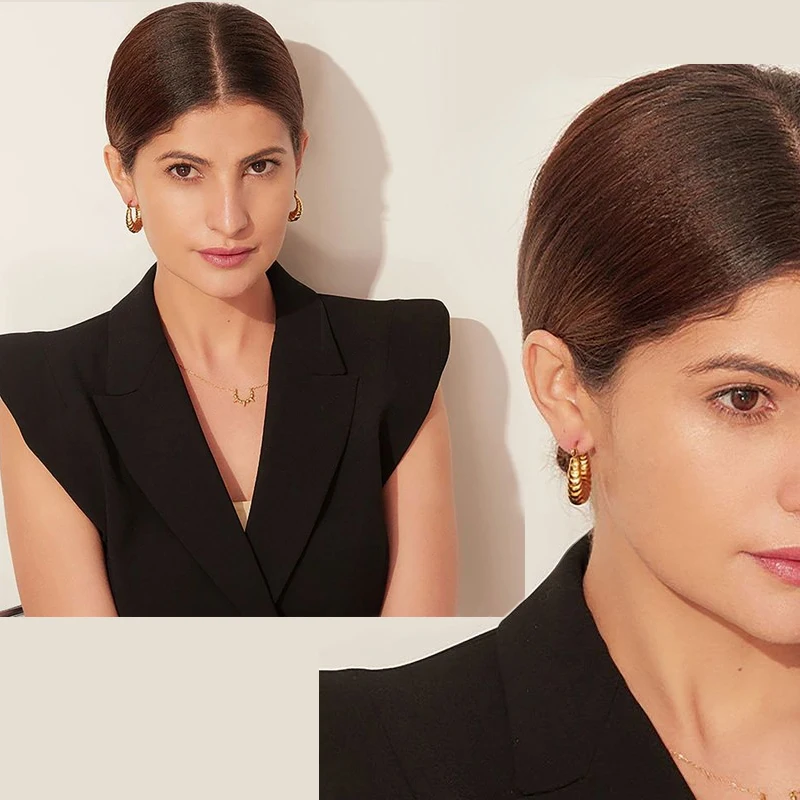 Punk PVD 18K Gold Plated Croissant Twist Chunky Huggie Hoop Earrings Stainless Steel Hammered Earring Wed Ear Jewelry Pendientes