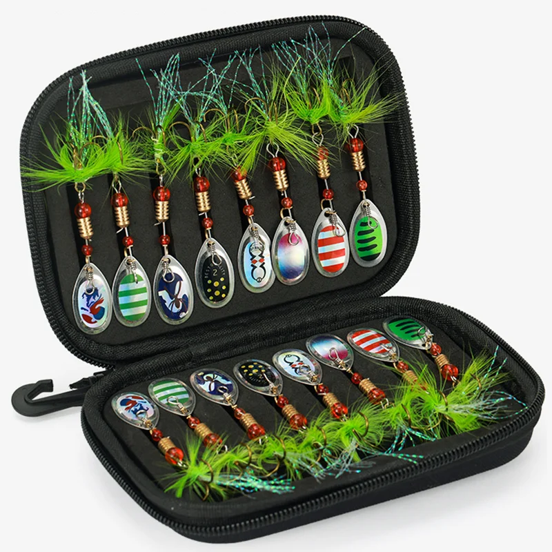 16 قطعة/10 قطعة الدورية مركب الترتر ملعقة معدنية سبينيربايت الصيد إغراء قسط الطعم الثابت مع ريشة ثلاثة أضعاف السنانير معالجة