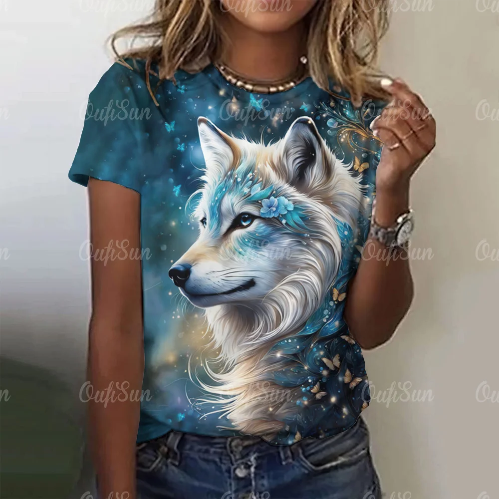 New T-shirt For Women Wolf Print Tees O Neck Loose Short Sleeve
