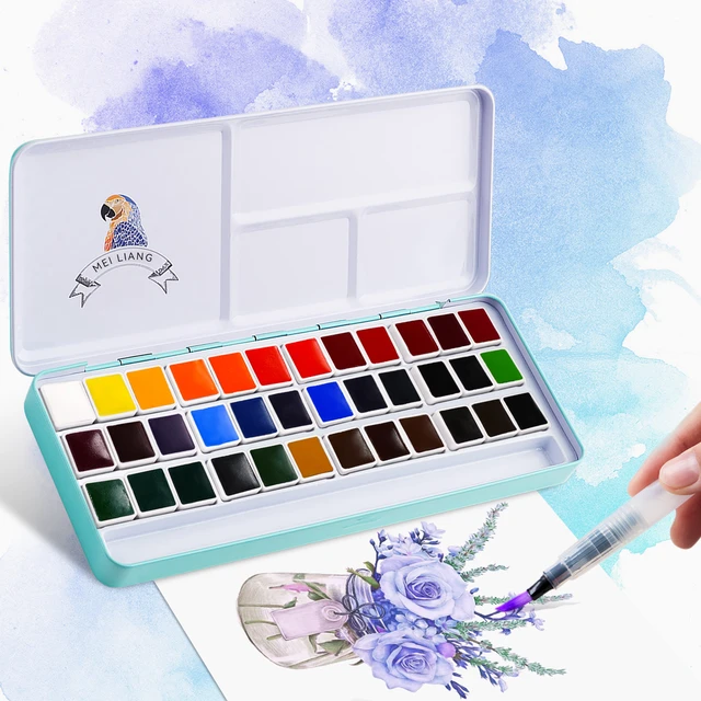 Meiliang 48 Colors Solid Watercolor Paint Set Not-toxic Pigment Portable  Metal Case with Palette and