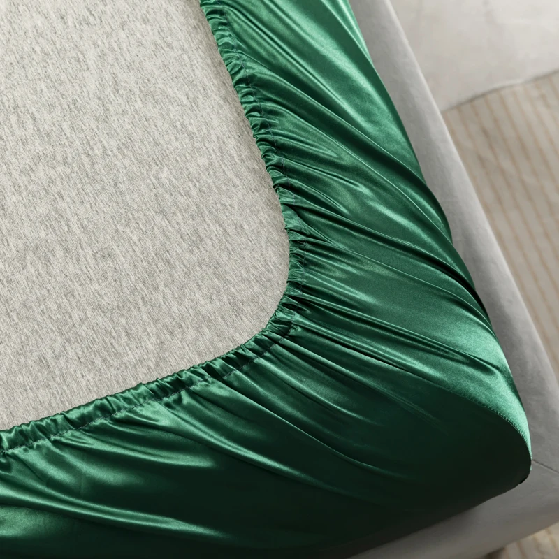Smooth Fitted Bed Sheet for Summer Satin Silk Bed Sheet Ice Cooling Twin/Full/Queen/King Size Bottom Sheets Green Color Bedsheet 4