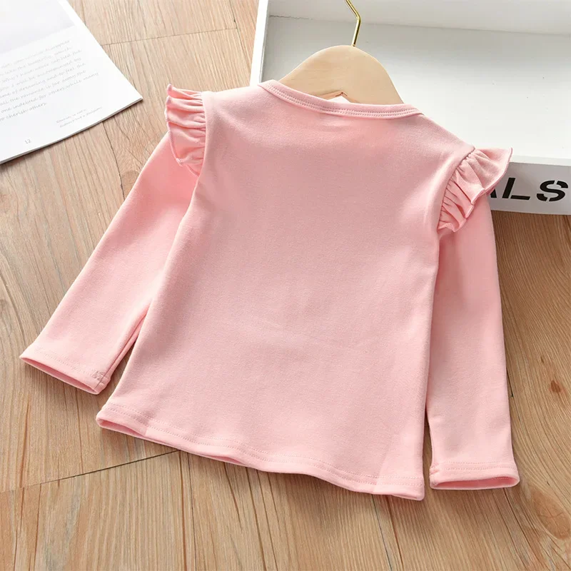 New Full Sleeve Spring Autumn T-shirt Ruffles Sleeve Cute Pattern Blouse for Kids Girls Solid Cotton Winter Tops for 3-8Yrs