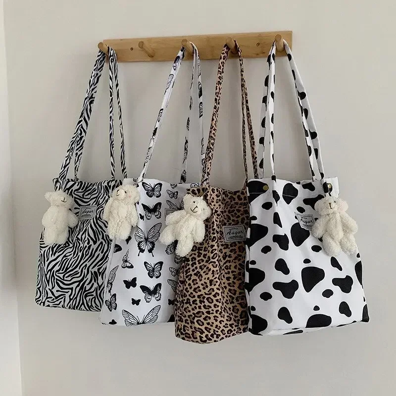 Korean Chic Big Casual Tote Bag Leopard Shoulder Bag Ladies Canvas Bag New Shopping Student Print Handbag Bolsa Mujer