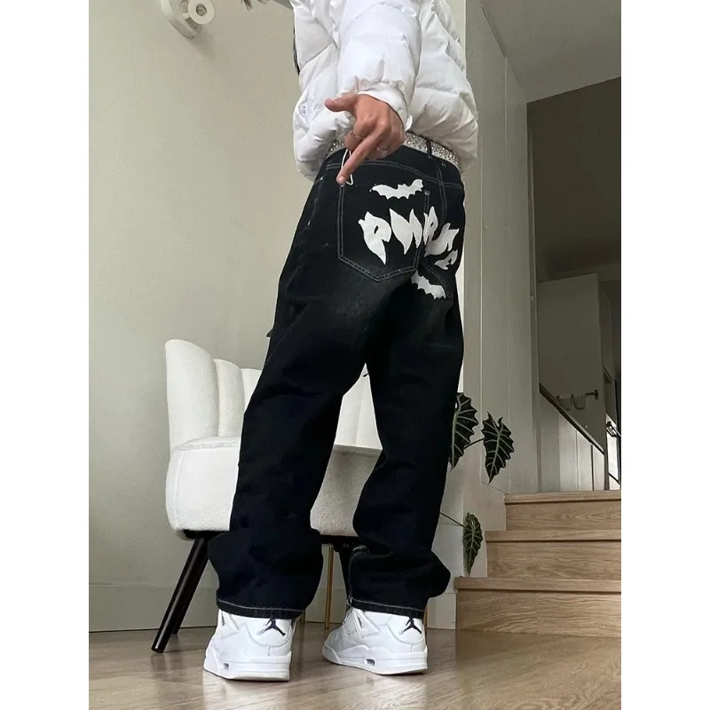 American style trendy printed black men's Y2K fashionable pattern painted Baggy casual pants loose straight cotton denim pants