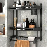 Porte-Serviettes Mural en Aluminium Noir – Support Pliable sans Perçage avec Crochets et Étagère 1