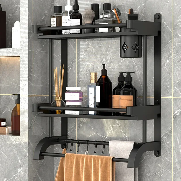 Porte-Serviettes Mural en Aluminium Noir – Support Pliable sans Perçage avec Crochets et Étagère 1
