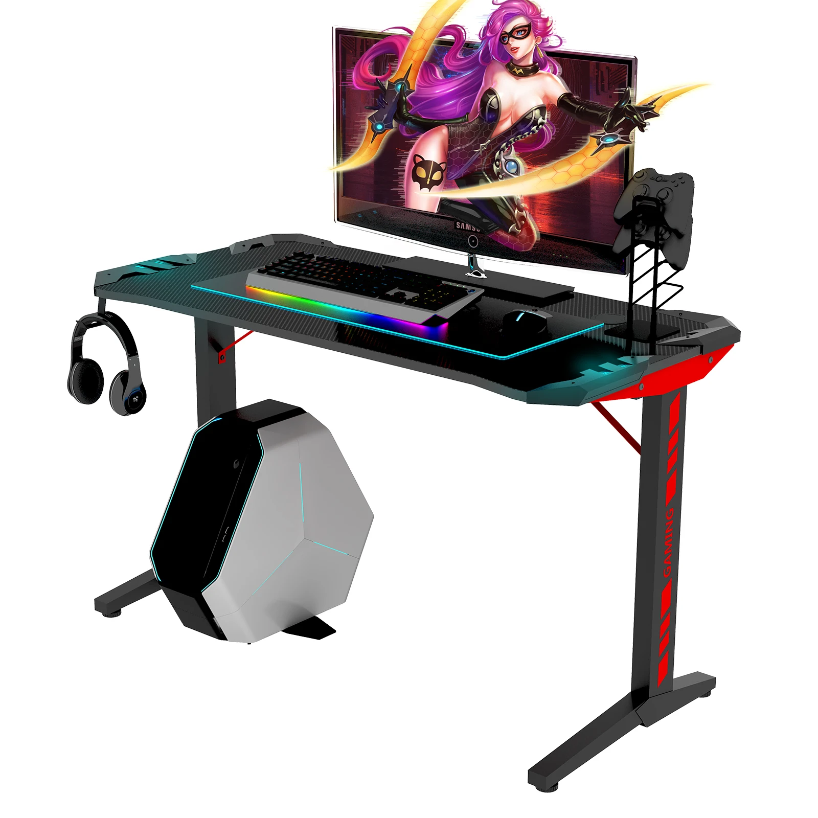 [Flash Sale]High Quality Gaming Table T Shape Black MDF LED Gaming Desk with Headset and Gamepad Holder[US-W] risenke c g shape two way radio intercom earpiece headset headphone earpiece radio for hytera hyt bp510