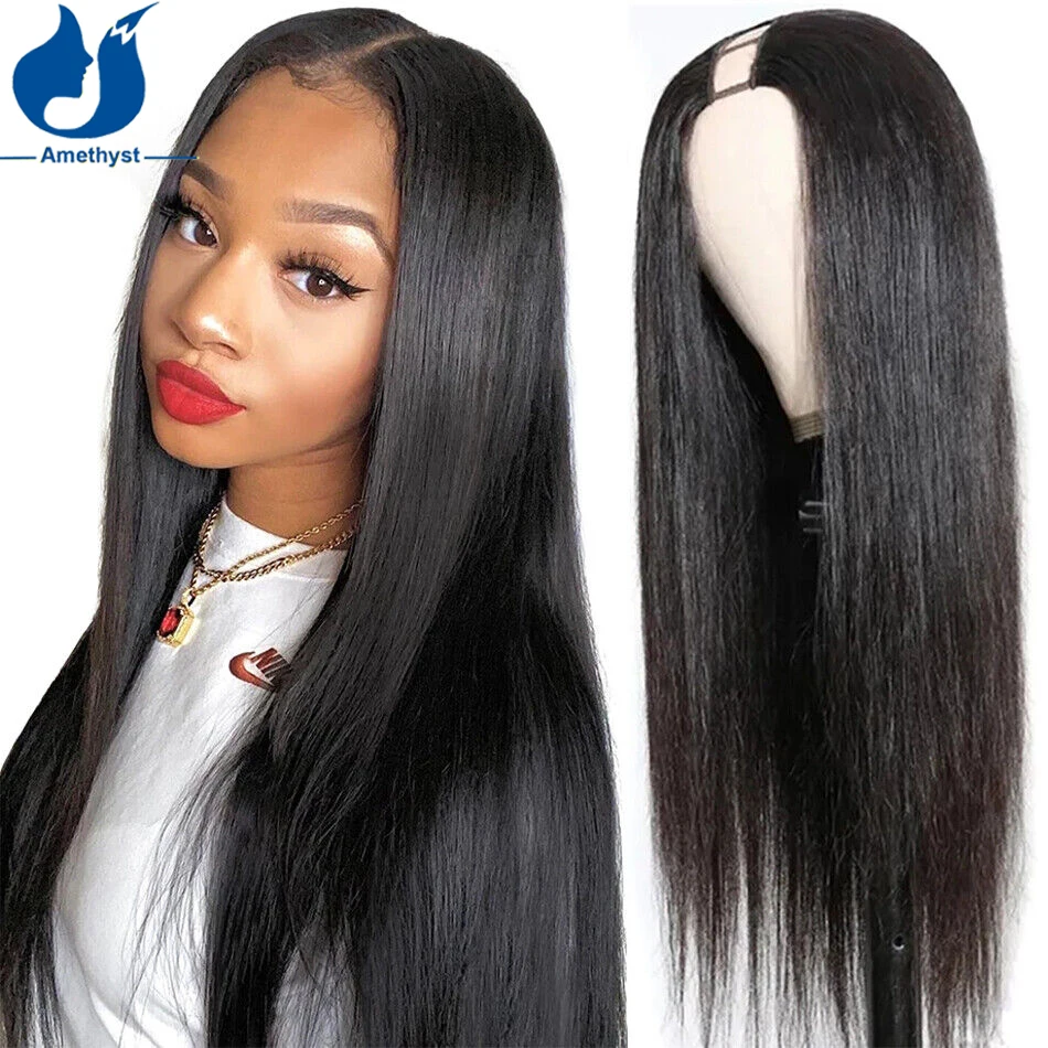 

Amethyst 1X3 U Part Human Hair Wigs For Women Silky Straight Brazilian Remy UPart Clip In No Leave Out U Shape Wigs Glueless