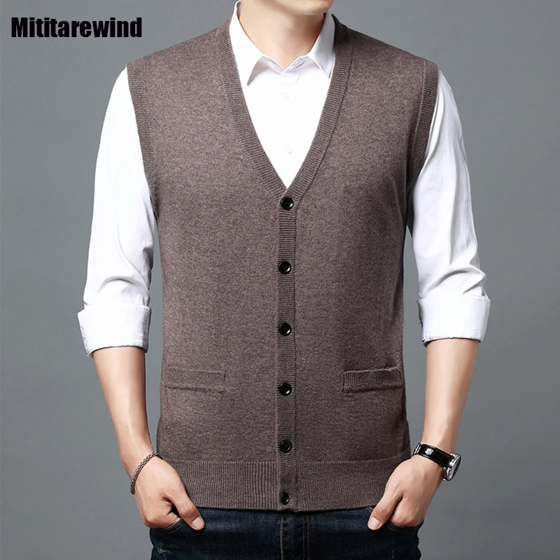 

Autumn Mens Sweater Vest Business Causal Button Waistcoat Sleeveless Knitted Cardigan with Wool Middle-aged Man Clothes Simple