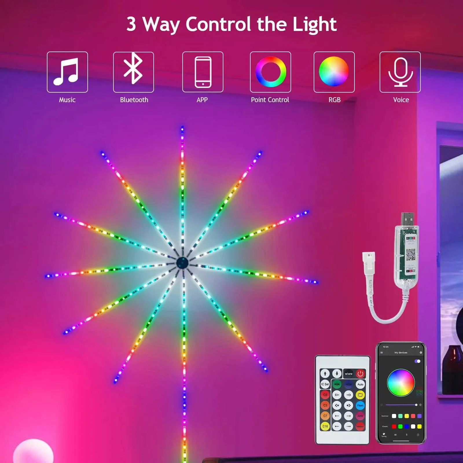 APP Smart Control IC LED RGB Firework Light 10pc*50cm+1pc 1m USB Power Music Synch 180 LED Light For Wall Christmas Decoration