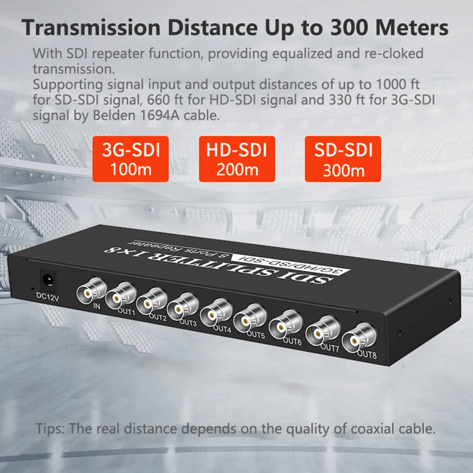 SDI 1x8 Splitter, SD-SDI, HD-SDI, 3G-SDI, 1x8 Splitter, 1 Entrada 8 Saída, Tronco Extensor com Adaptador de Energia para Câmeras SDI