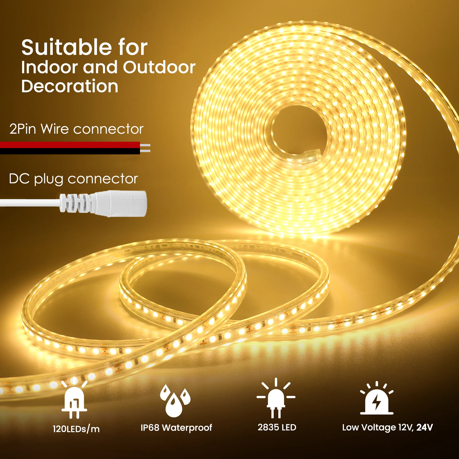 

DC 12V 24V 2835SMD LED Strip 120Leds/M Waterproof LED Tape Light Flexible Outdoor Decoration Lamp White/Natural White/Warm White